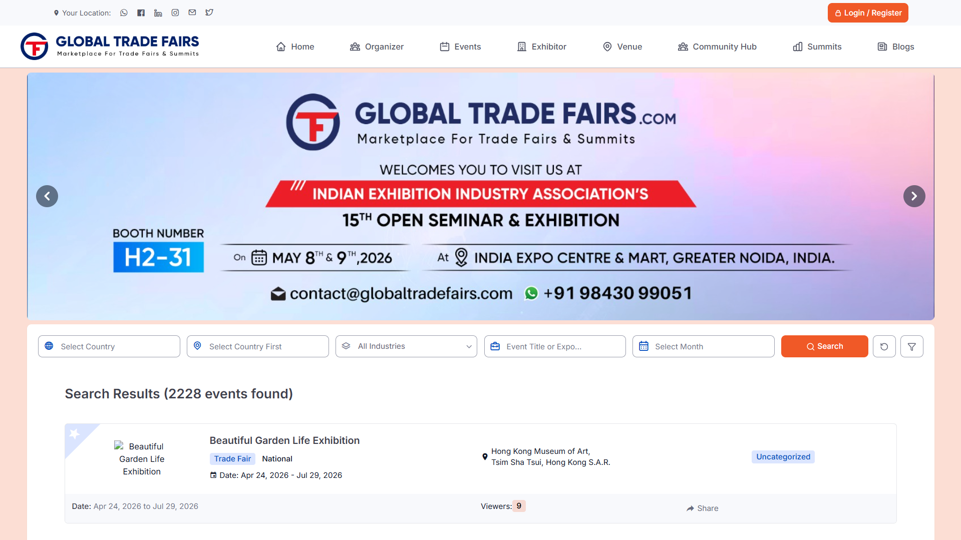 Global Trade Fairs marketplace platform showing exhibition hall with visitors and exhibitor booths