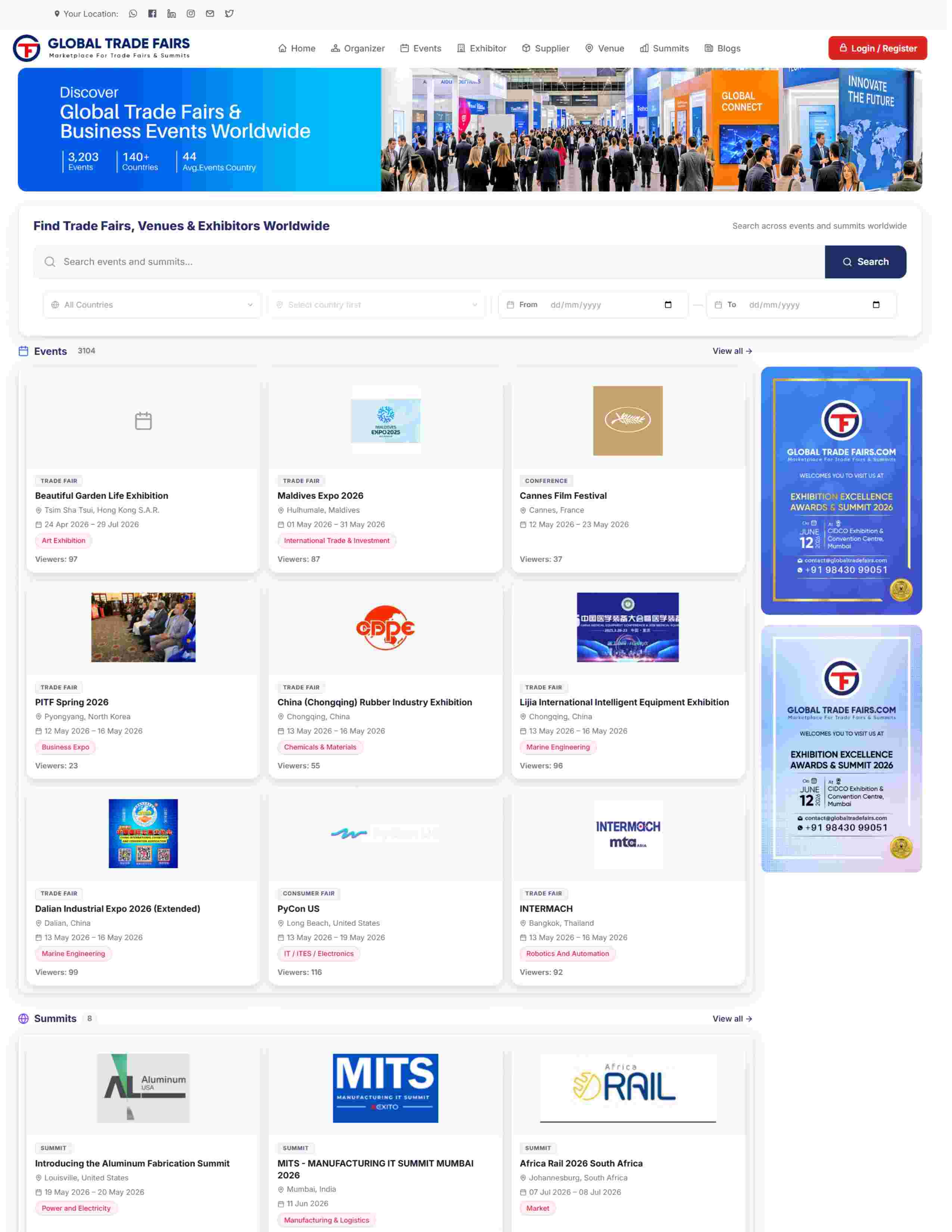 Global Trade Fairs marketplace platform showing exhibition hall with visitors and exhibitor booths